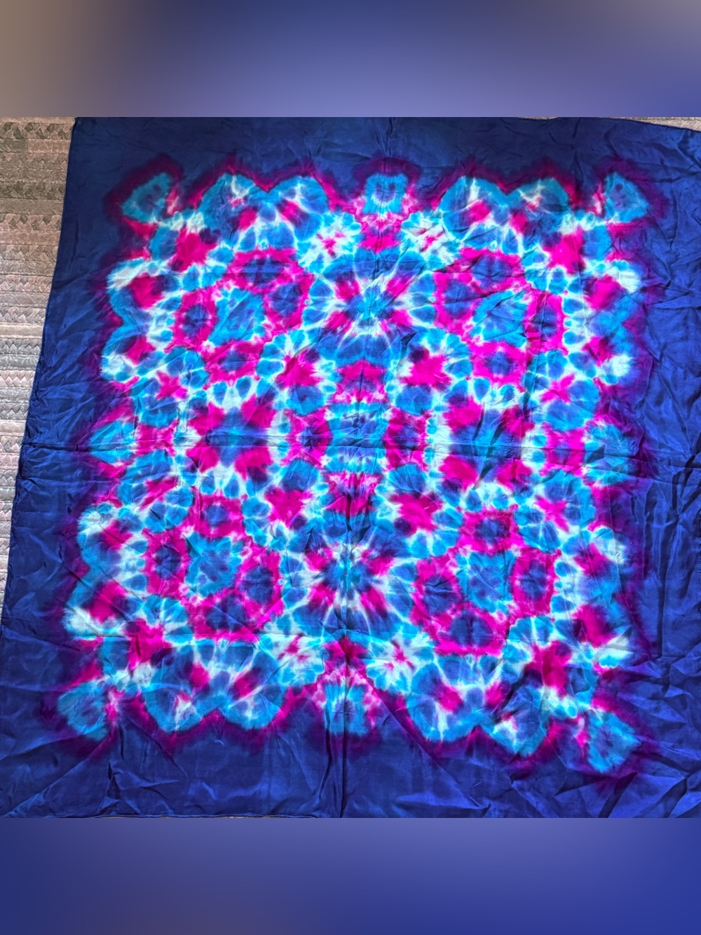 SEIDE 100% Silk Scarf 34” x 36” Blue Pink Tie Dye Hand Rolled Hem